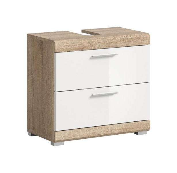 Waschtischunterschrank mit zwei weißen Schubladen, Korpus in Holzoptik und Siphonausschnitt.