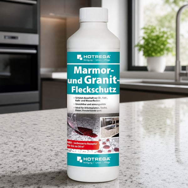 Hotrega Marmor und Granit Fleckschutz in einer Flasche zur dauerhaften Versiegelung von Naturstein und Kunststein für den Innenbereich.