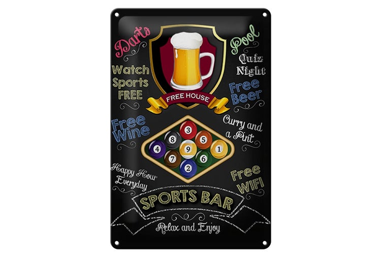 Blechschild Spruch 20x30cm sports bar Billard relax and enjoy