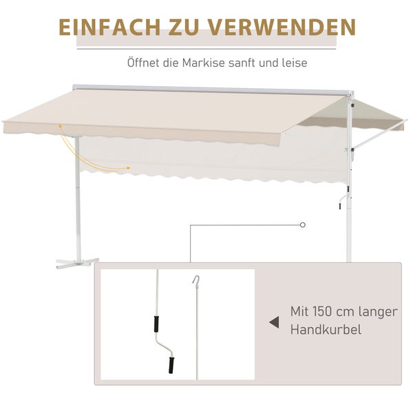 Outsunny Standmarkise Markise 4,5 x 3,4m Terrassenüberdachung Gartenmarkise mit Faltarm Kurbel Terrasse Creme Alu Metall