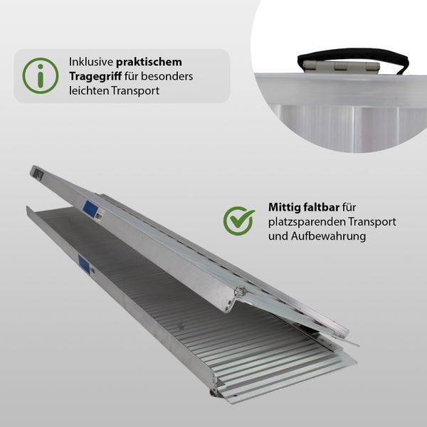 Zusammenklappbare Aluminiumrampe mit Tragegriff für einfachen Transport und platzsparende Aufbewahrung.