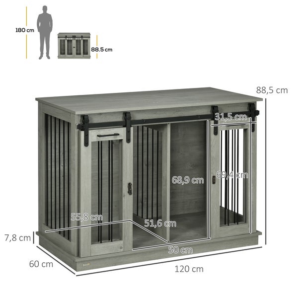 PawHut Hundekäfig, Hundehütte mit Zweiraum-Option, Haustierkäfig mit Doppeltüren, Hundebox, Hundehaus für Mittelegroße Hunde, 120 x 60 x 88,5 cm, Grau