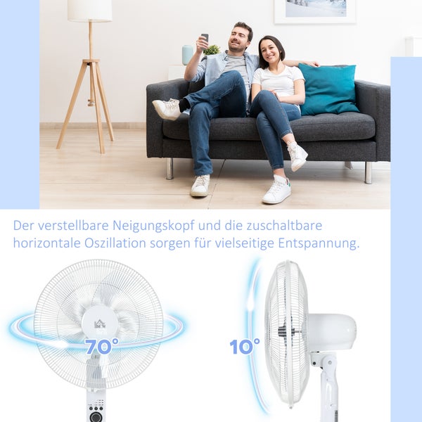 Paar auf Sofa mit Fernbedienung. Weißer Ventilator mit 70 Grad horizontaler Oszillation und 10 Grad vertikaler Neigung.