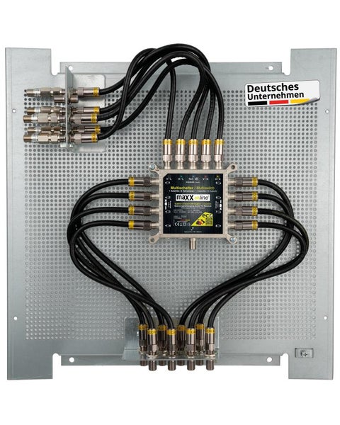 Multischalter 8 Teilnehmer Set vormontiert auf Lochblech Montageplatte mit Zubehör, Quad- & Quattro LNB tauglich, kein Netzteil notwendig