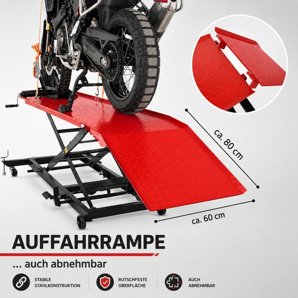 Abnehmbare Auffahrrampe für Motorradhebebühne aus Stahl mit rutschfester Oberfläche, Länge circa 80 Zentimeter, Breite circa 60 Zentimeter.
