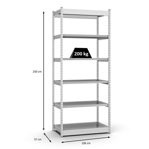 PROREGAL Fachbodenregal Stecksystem Vierkant-Profil Grundregal HxBxT 250 x 102,5 x 50 cm 6 Ebenen Einseitige Bauart Fachlast 200 kg Lichtgrau