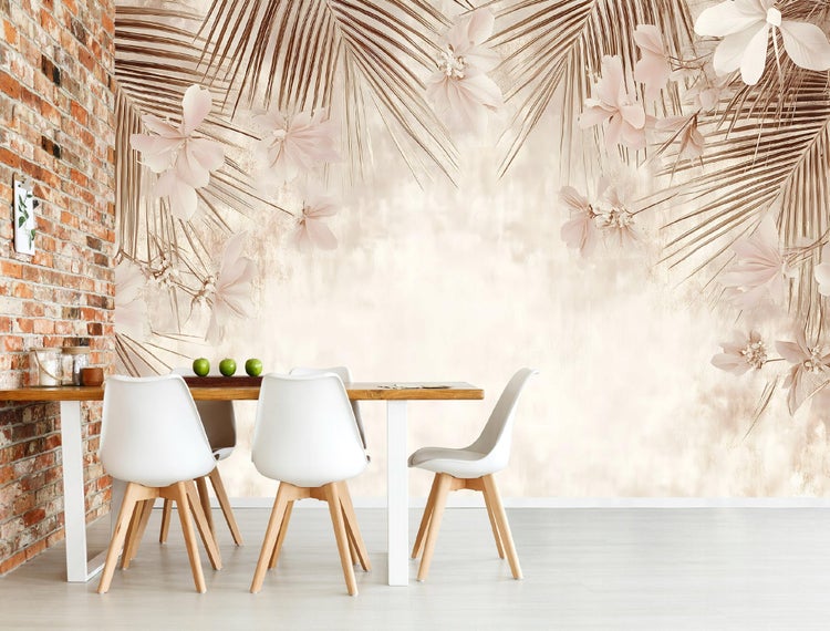Fototapete Blätter Beige Beton Vlies Tapete Wohnzimmer 350x250 cm
