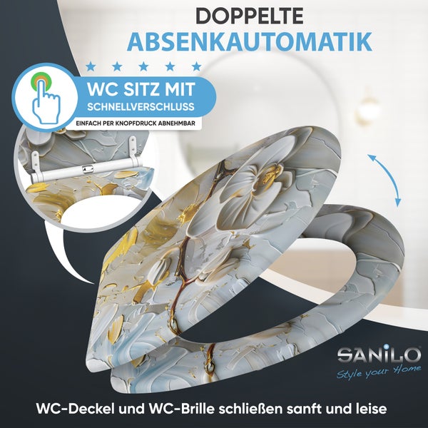 Sanilo WC Sitz mit Absenkautomatik und Schnellverschluss, Dekor Orchidee, abnehmbarer Toilettendeckel mit Soft Close Mechanismus.