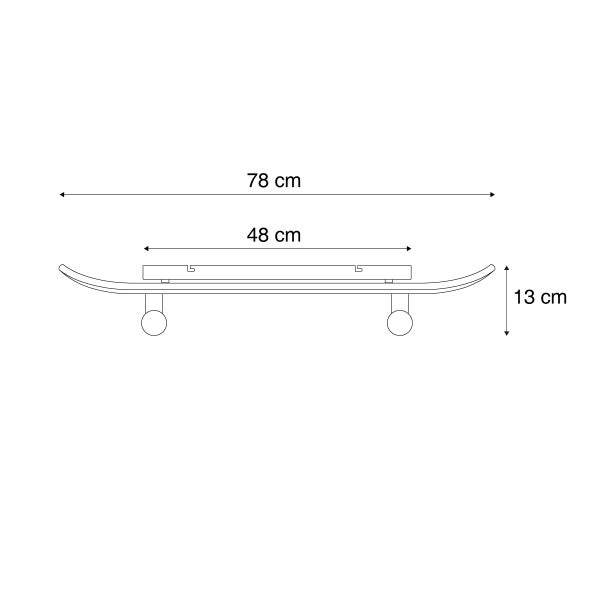 Skateboard-Leuchte mit Abmessungen: Länge 78 Zentimeter, Basislänge 48 Zentimeter, Höhe 13 Zentimeter.