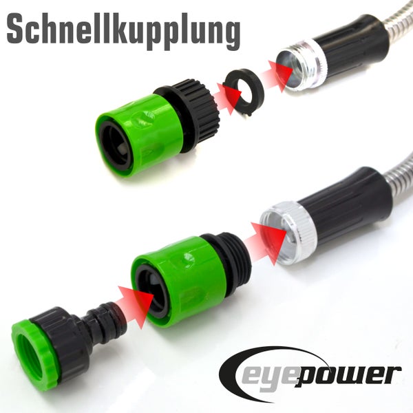 Montageanleitung einer Schnellkupplung für Gartenschläuche mit Adapter und Dichtung. eyepower Logo.