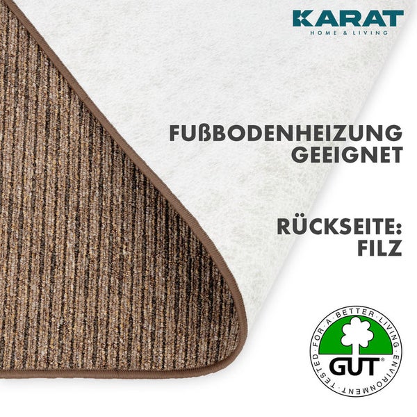 Karat Home and Living Logo. Teppichboden mit Filzrücken, geeignet für Fußbodenheizung. Geprüft auf Schadstoffe durch GUT-Siegel.