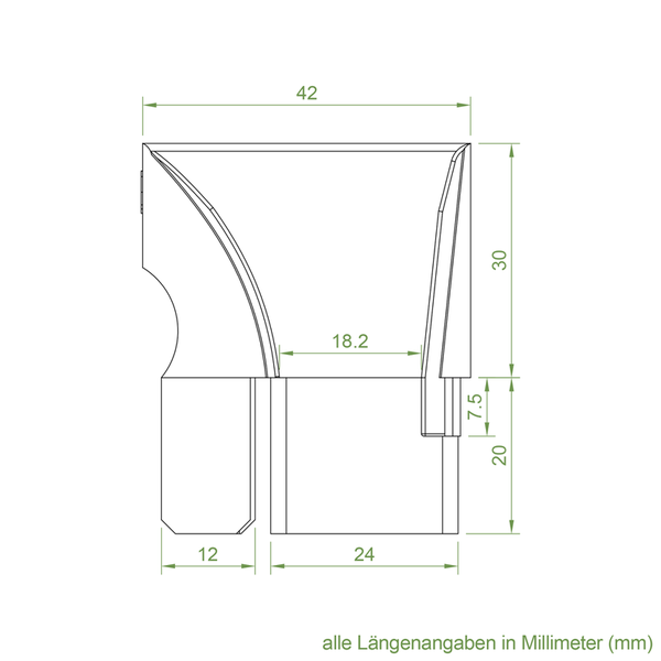 Technische Zeichnung mit Maßangaben in Millimetern für ein Bauteil zur Verbindung oder Montage.