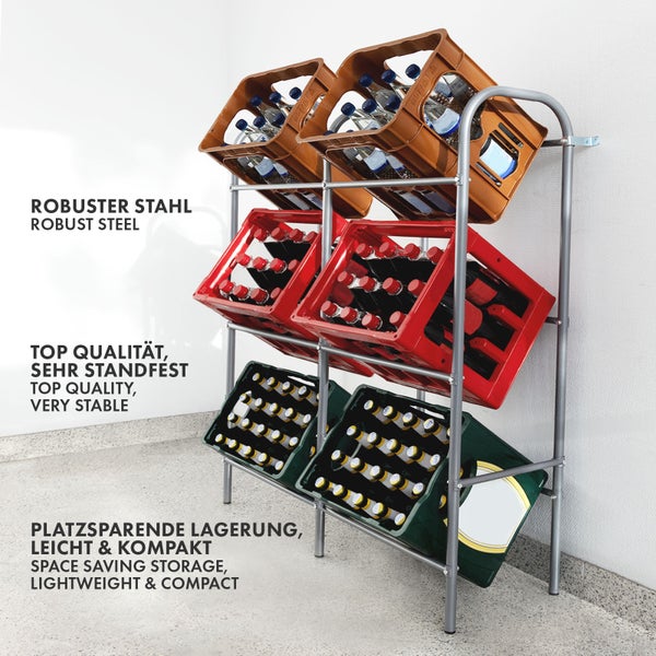 FLOORDIREKT Flaschenkastenständer Rocket - Regal mit Wandbefestigung - Grau - Für 6 Kästen - 96 x 32,5 x 115,5 cm
