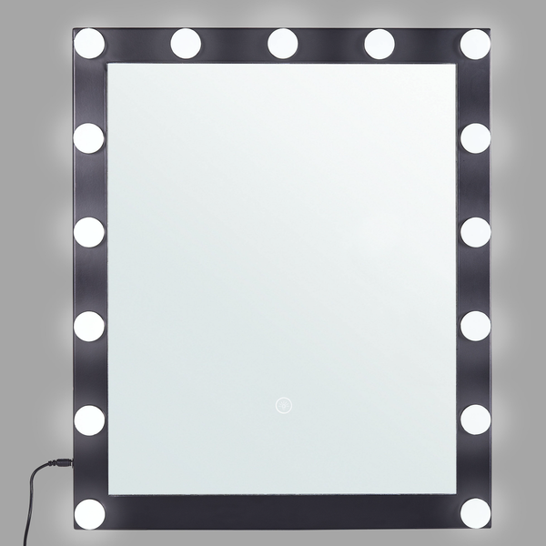 Rechteckiger Schminkspiegel mit integrierter LED Beleuchtung und Touch Sensor auf der Vorderseite.