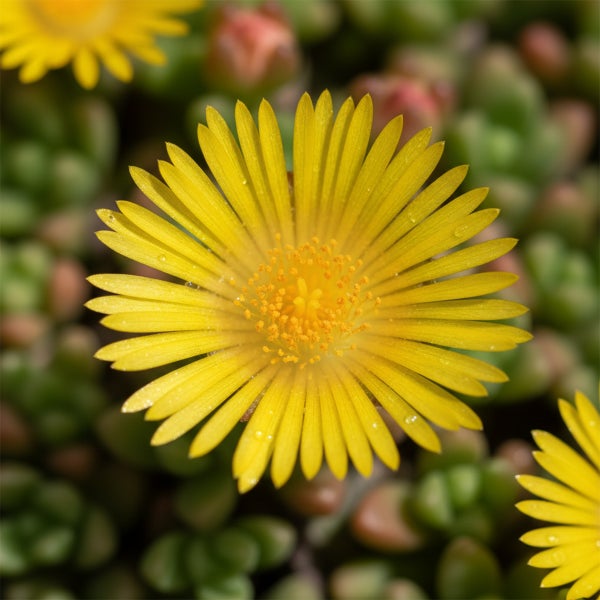 Gelbe Mittagsblume Delosperma mit sukkulenten Blättern in Nahaufnahme.