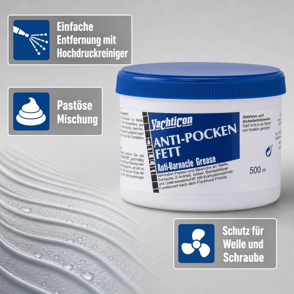 Dose mit Yachticon Anti Pocken Fett zum Schutz vor Bewuchs an Wellen und Schrauben, Inhalt 500 Milliliter mit Merkmalen zur Anwendung.