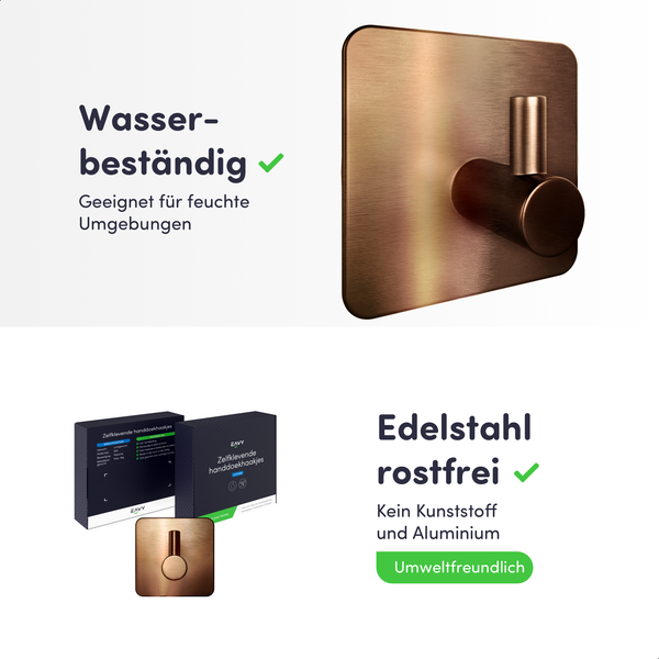 Wasserbeständiger und rostfreier Wandhaken aus Edelstahl in Bronzeoptik, inklusive Produktverpackung, geeignet für feuchte Umgebungen.