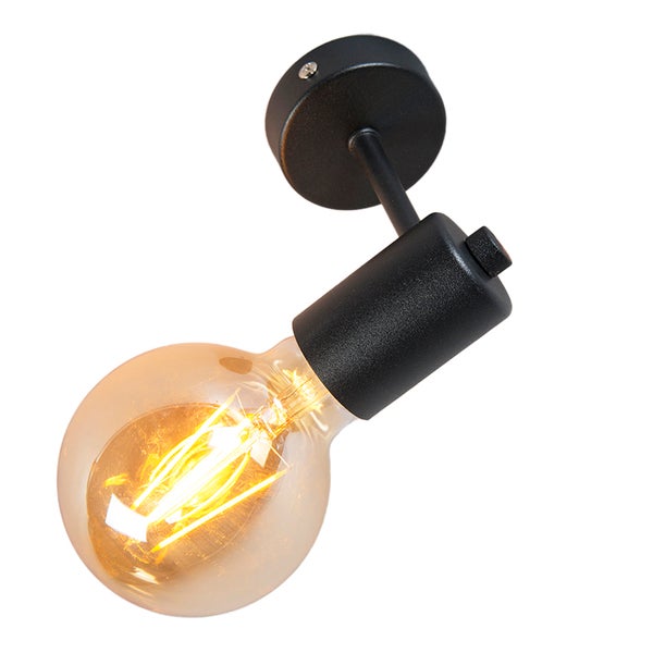 Schwarzer Wandspot im Industriedesign mit warm leuchtender LED-Filament-Globelampe und zylindrischer Fassung.