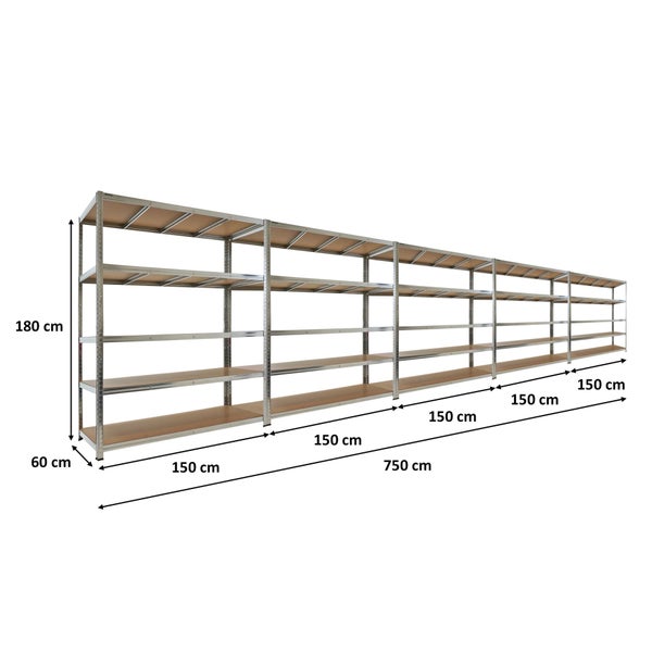 Verzinktes Schwerlast-Steckregal Set, 4 Ebenen, Maße 180 mal 750 mal 60 Zentimeter, Metallgestell mit Holzböden.