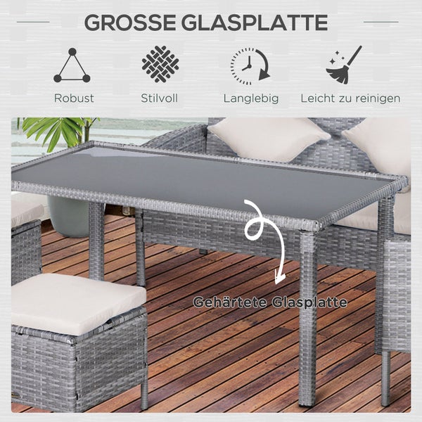 Outsunny 5-tlg. Gartenmöbel-Set, L134 x B60 x H75 cm, PE-Rattan, Metall, Polyester, Gehärtetes Glas, mehrfarbig