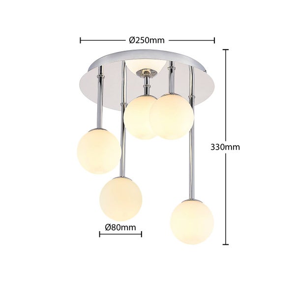 Deckenleuchte mit vier Kugel Lampenschirmen und Maßangaben