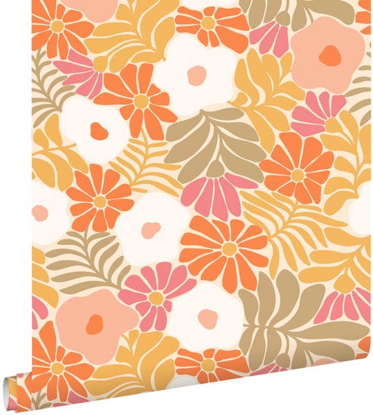 ESTAhome Tapete Blumen im Matisse-Stil Orange, Gelb, Graugrün und Rosa - 50 x 900 cm - 131005