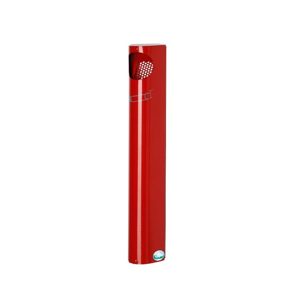 Roter Standascher aus Metall mit seitlicher Öffnung, Siebeinsatz und Zigarettensymbol, VAR Logo.