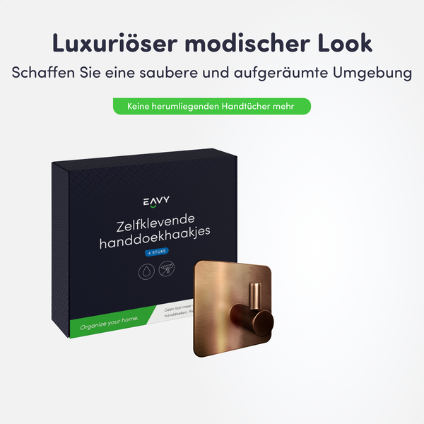 Selbstklebender Handtuchhaken in Kupferoptik mit quadratischer Basis und EAVY Produktverpackung für vier Stück.