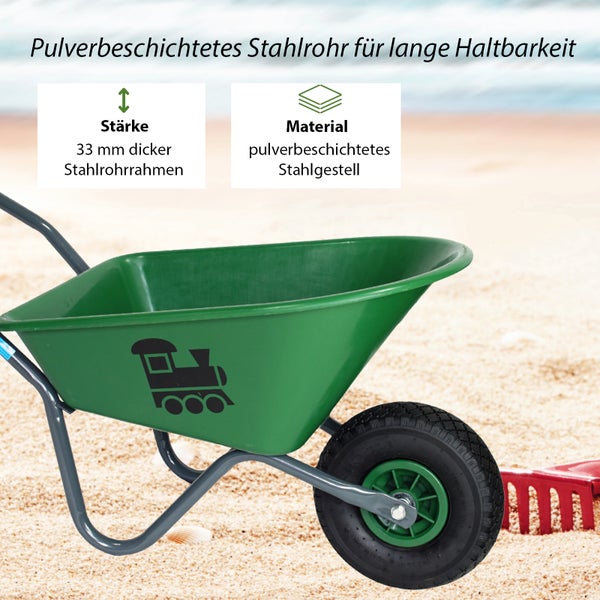 Schubkarre mit 33 Millimeter starkem Stahlrohrrahmen und pulverbeschichtetem Stahlgestell