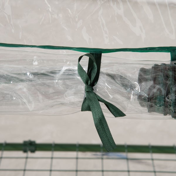 Nahaufnahme eines Folien-Gewächshauses mit aufgerollter transparenter Plane, fixiert durch ein grünes Band über einem Gitterregal.