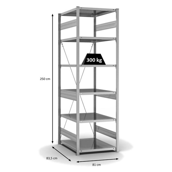 PROREGAL Fachbodenregal Stecksystem T-Profil Heavy-Duty Grundregal HxBxT 250 x 75 x 80 cm 6 Ebenen Fachlast 300 kg Einseitig Nutzbar Verzinkt
