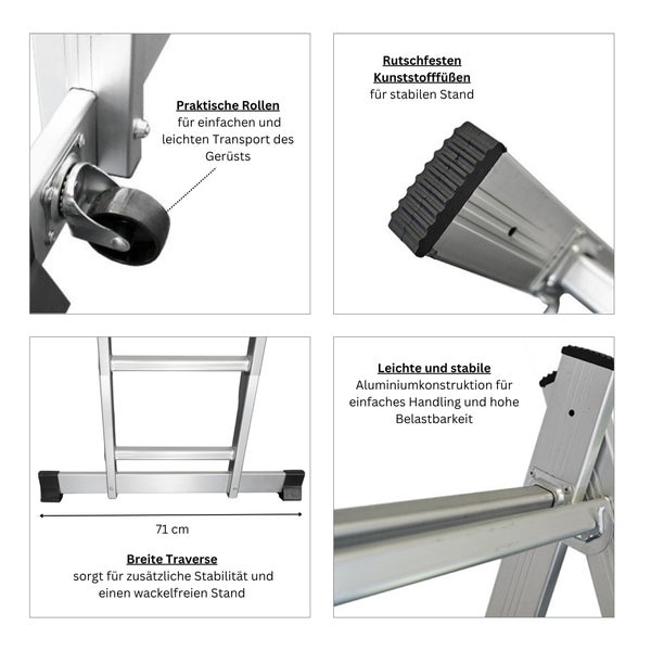 Details einer Gerüstleiter: Rollen, Traverse, Kunststofffüße und Aluminiumkonstruktion.