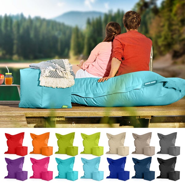 Green Bean 2er Set XXL Sitzsack inkl. Pouf fertig befüllt mit EPS-Perlen - Riesensitzsack 140x180 Lounge Sitz-Kissen Bean-Bag Chair  - Aquamarin