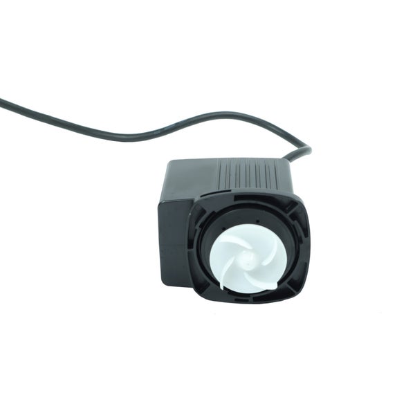 Aquariumpumpe mit weißem Flügelrad und schwarzem Stromkabel.