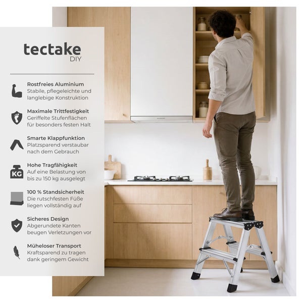 tectake DIY Logo. Mann auf Aluminium-Trittleiter in heller Küche, Symbole zu Merkmalen wie Belastbarkeit bis 150 Kilogramm und Klappfunktion.