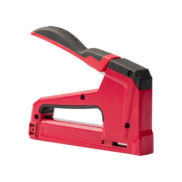 Manueller Handtacker aus Kunststoff in Rot und Schwarz.