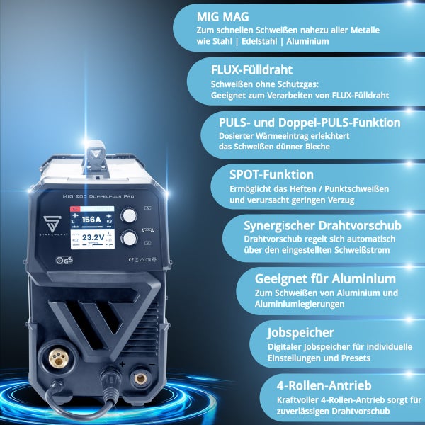 Schweissgerät mit MIG MAG, Flux Fülldraht, Puls- und Doppel-Pulsfunktion, Spotfunktion, Synergischem Drahtvorschub, geeignet für Aluminium, mit Jobspeicher und 4-Rollen Antrieb