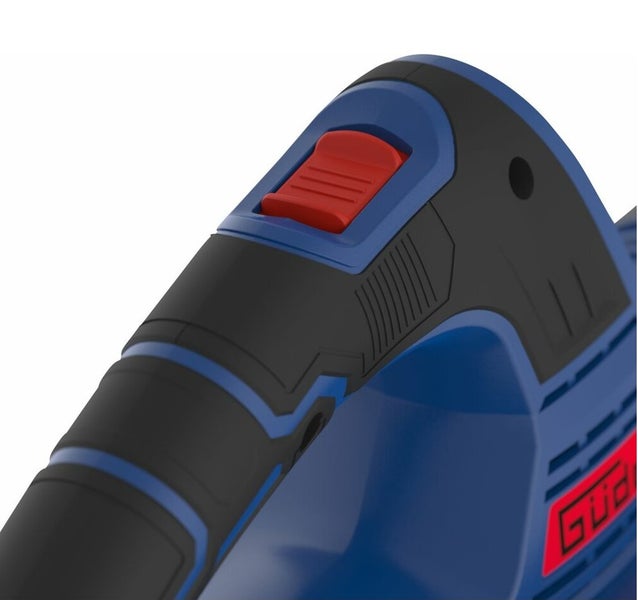 Detailansicht des Griffs einer Elektrowerkzeugmaschine mit rotem Einschaltknopf und Guede Logo