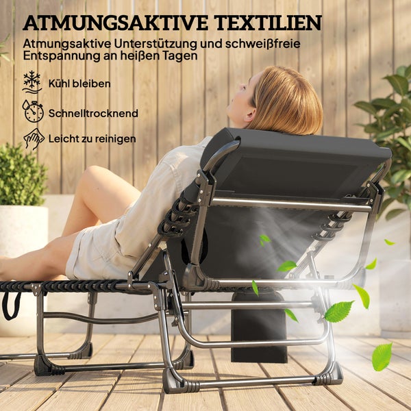 Atmungsaktive Gartenliege auf einer Holzterrasse mit Symbolen für Kühlung, schnelle Trocknung und einfache Reinigung.
