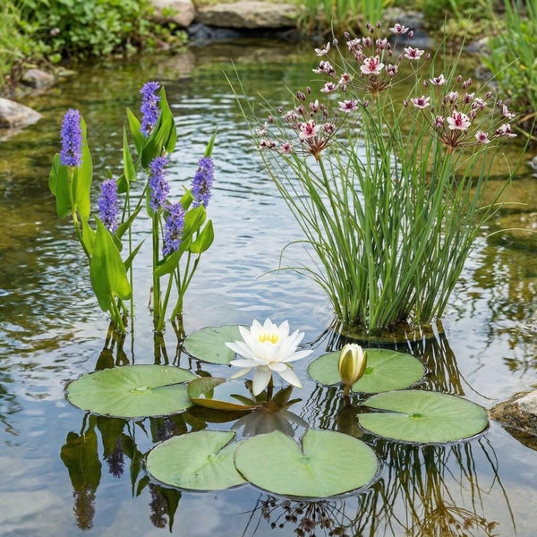 Gartenteich mit weißer Seerose, violettem Hechtkraut und blühender Schwanenblume inmitten grüner Wasserpflanzen.