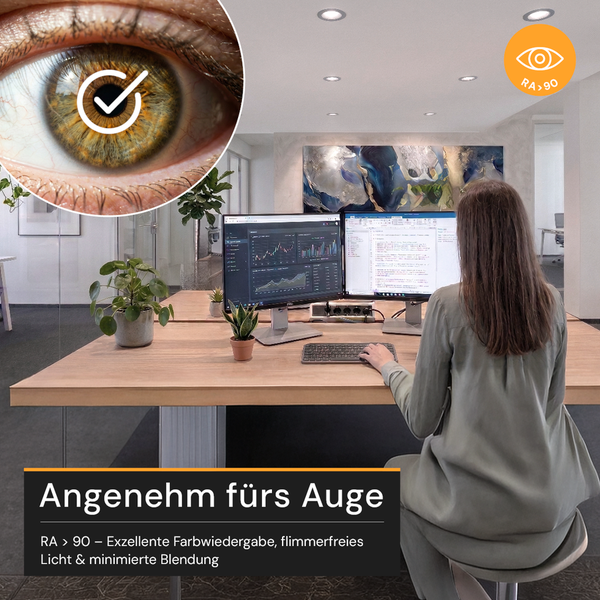 Büroszene mit Frau am Holzschreibtisch unter LED-Strahlern. Grafik eines Auges zeigt hohen Sehkomfort durch Farbwiedergabeindex größer als 90.