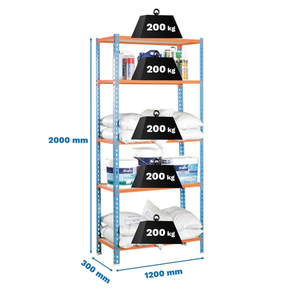 PROREGAL Schwerlastregal Big Muli HxBxT 200 x 120 x 30 cm 5 Fachböden Fachlast 200 kg Blau