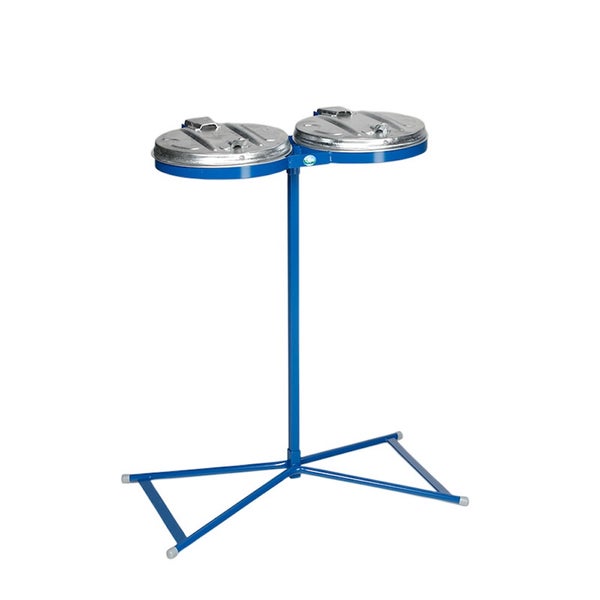 Doppel-Müllsackständer aus Metall mit zwei Deckeln und blauem Gestell.