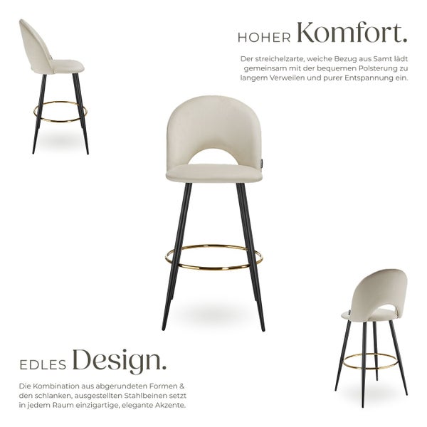 Barhocker mit Stahlbeinen und Samtbezug in verschiedenen Ansichten