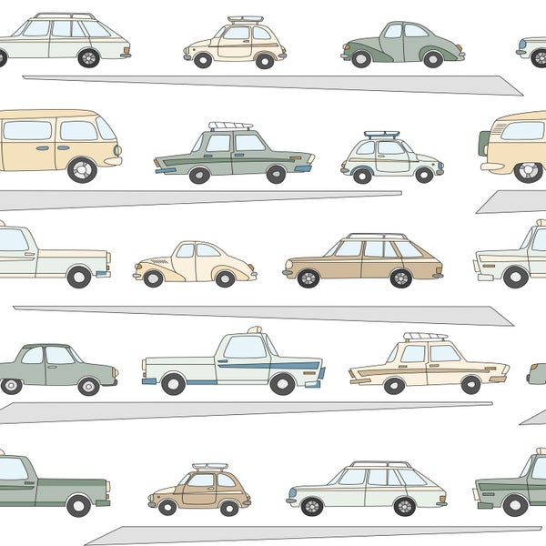 Illustration mit verschiedenen Automodellen auf stilisierten Straßen