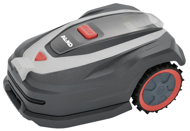 AL-KO Mähroboter in Grau und Silber mit roter Stopptaste und Profilrädern.