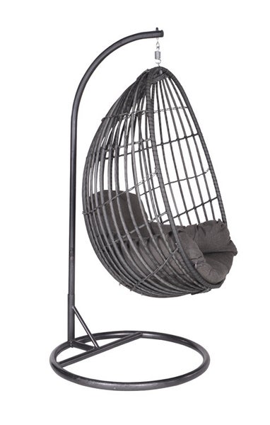 Hängesessel in Eiform mit Metallgestell und Kissen in Anthrazit.
