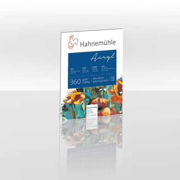 Hahnemühle Acryl Malblock, 360 Gramm pro Quadratmeter, 24 mal 32 Zentimeter, 10 Blatt, säurefrei, naturweiß.