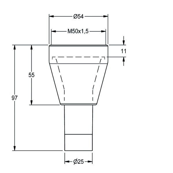 Technische Zeichnung: Gesamthöhe 97 Millimeter, Durchmesser oben 54 Millimeter, Gewinde M50x1,5, Durchmesser unten 25 Millimeter.