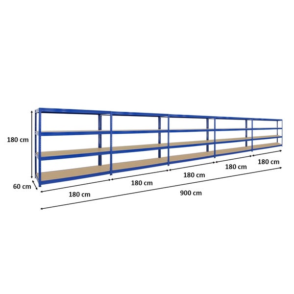 PROREGAL Mega Deal 5er-Sparset Profi-Schwerlastregal DINO HxBxT 180x180x60cm Fachlast 500kg Blau